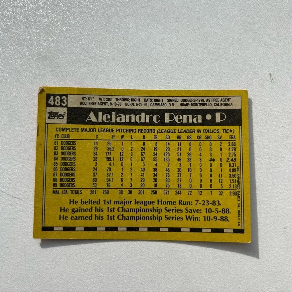 Topps Alejandro Pena Baseball Card - Yellow and Black